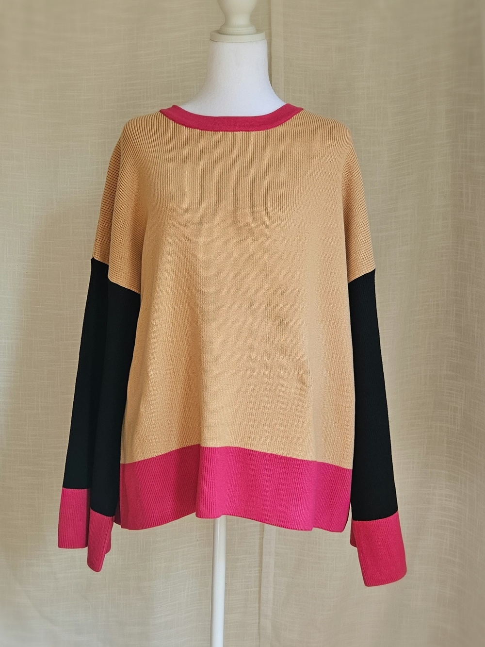 BiBi Colorblock Knit Sweater NWT Medium Tan Pink Black Wool Blend Oversized - Picture 2 of 12